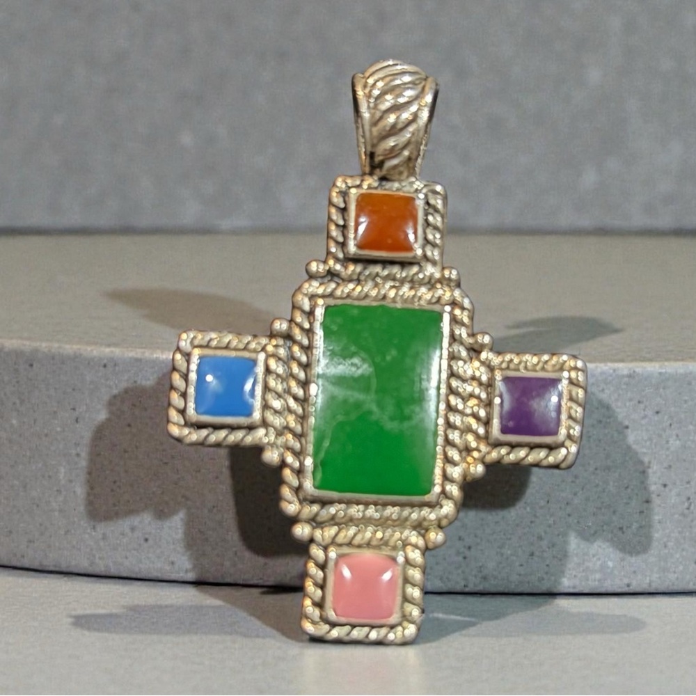Pretty Southwest multicolored stone inlay silver cross pendant no necklace